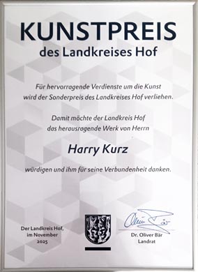 Urkunde zum Kunstpreis-Sonderpreis des Lk Hof 2025